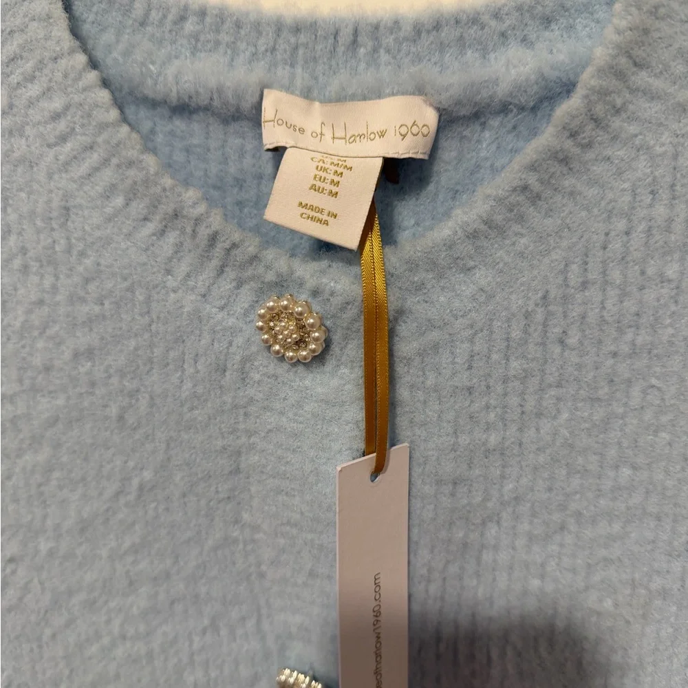 House of Harlow 1960 Blue Cropped Cardigan Short Sleeve Pearl Rhinestone Button - Picture 9 of 13